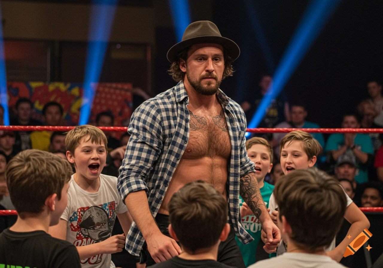 A male wrestler in a fedora and open plaid shirt stands in a wrestling ring surrounded by young boys looking up at him.