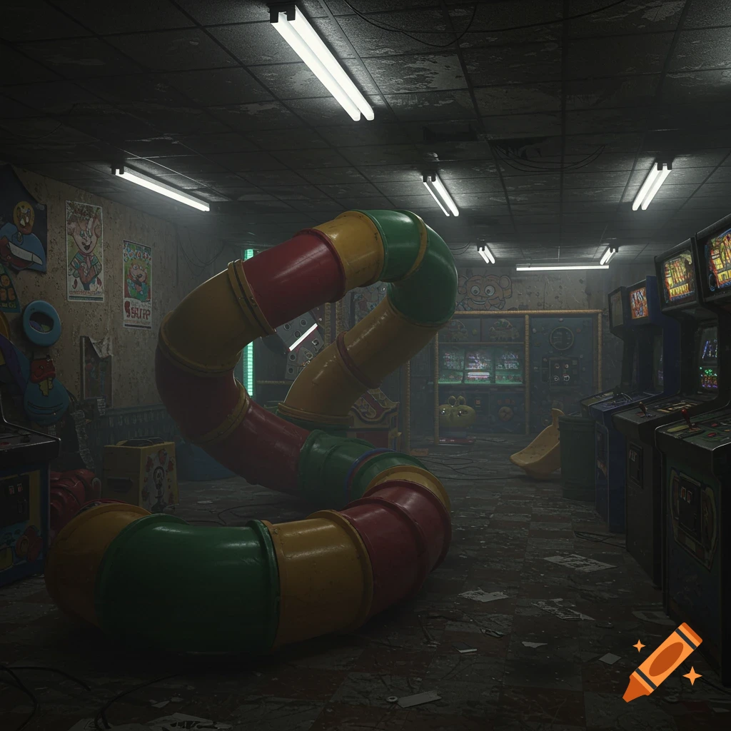 An eerie, abandoned playplace with a colorful S-shaped slide in the center and old arcade machines and posters on the walls, under dim fluorescent lights.