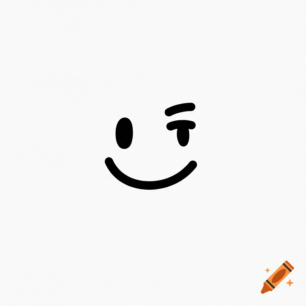 A black and white hand-drawn winking smiley face on a white background.