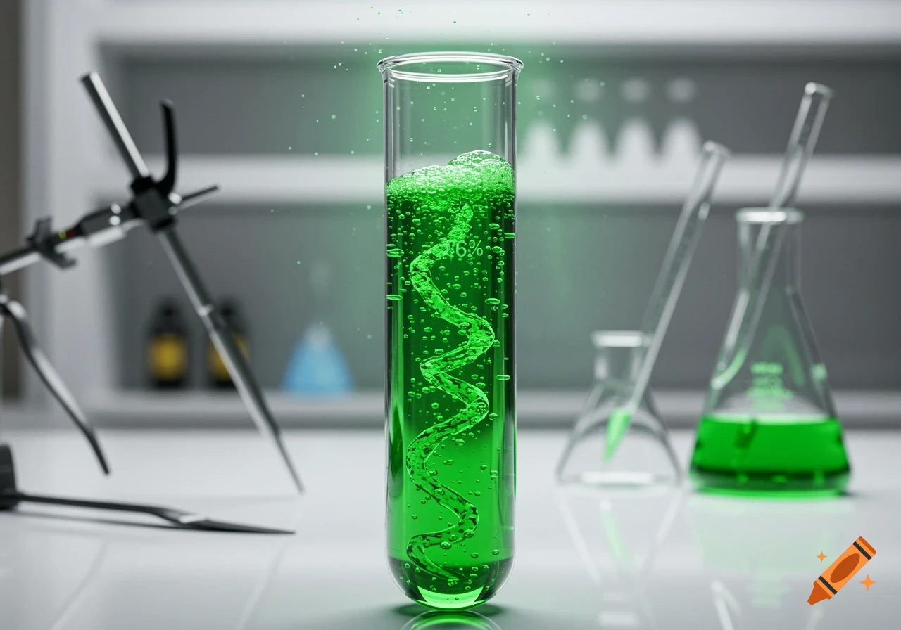 A photorealistic image of a test tube filled with glowing green fizzy liquid and a swirling pattern, in a laboratory setting.
