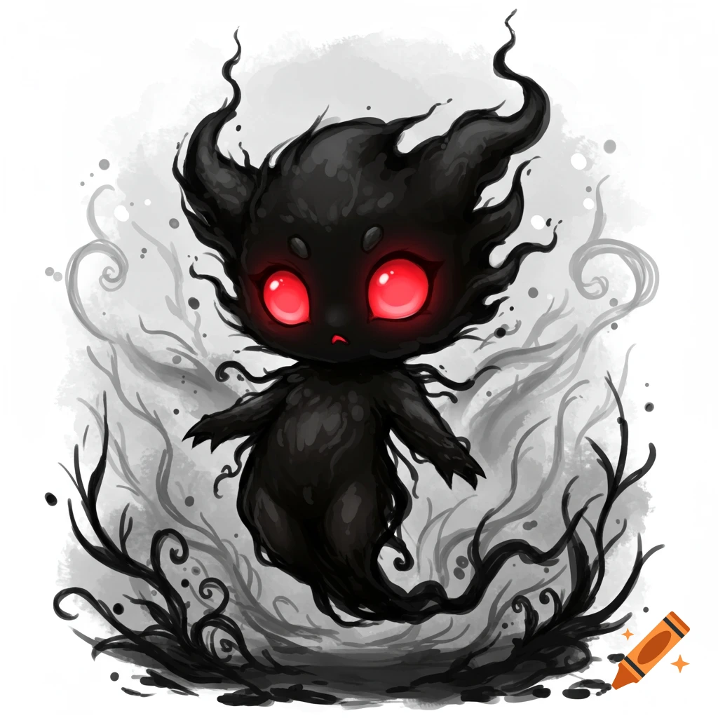 Cute ink art of a black shadowy spirit creature with glowing red eyes and wispy tendrils.