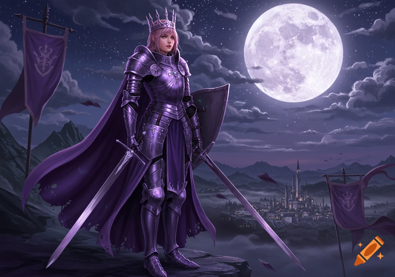 Female warrior empress in purple armor with swords and shield under a full moon, overlooking a castle.