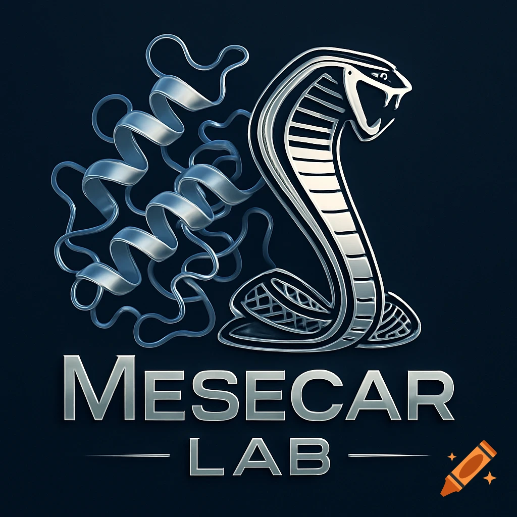 A shiny metallic logo for Mesecar Lab featuring a stylized cobra and an abstract protein structure.