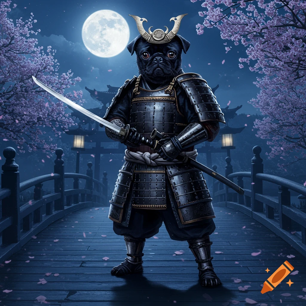 A black pug in full samurai armor holds a katana on a moonlit bridge under cherry blossoms.