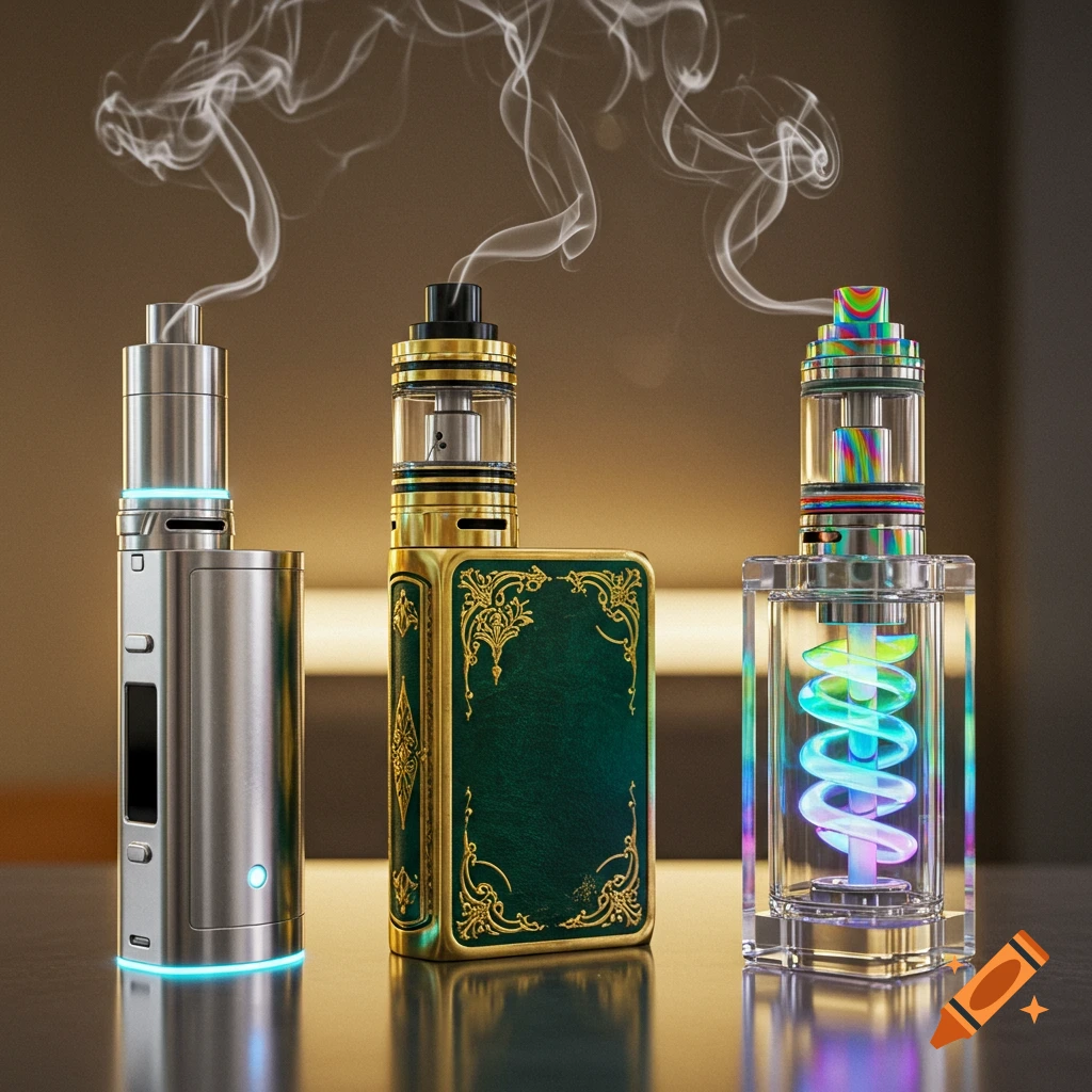 Three distinct vapes on a reflective surface, emitting smoke. One silver, one green and gold, and one clear with a colorful spiral.