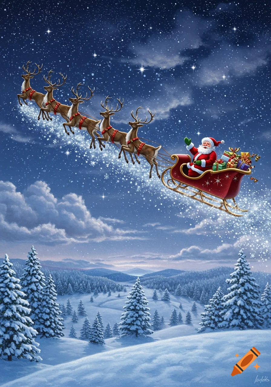 Santa Claus and his reindeer flying a sleigh full of gifts across a star-filled night sky over a snowy winter forest, illustrated.