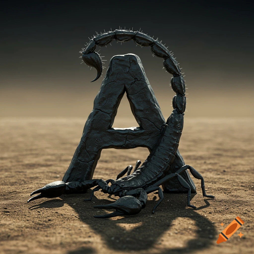 A photorealistic image of a black scorpion forming the shape of the letter A, standing on sandy ground.