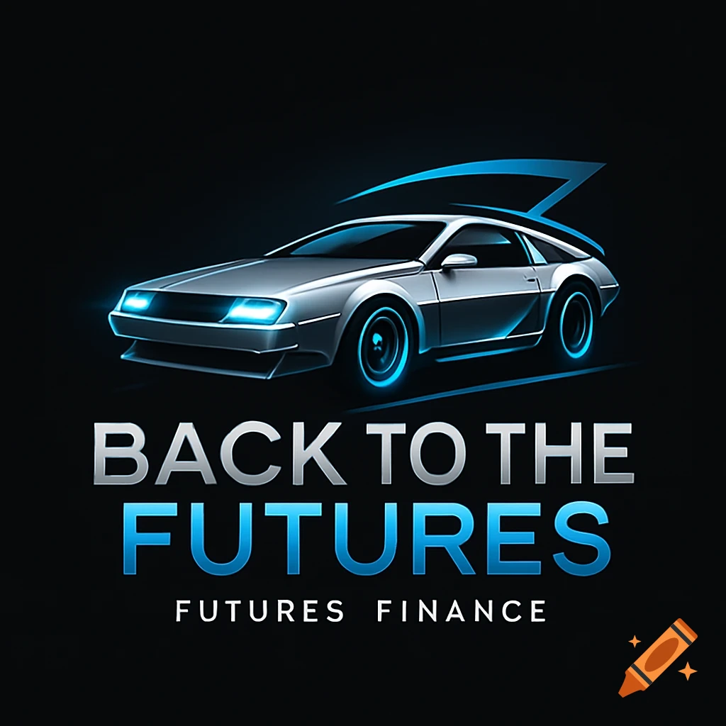 A futuristic silver car resembling a DeLorean, with glowing blue accents, in a logo with the text "BACK TO THE FUTURES" and "FUTURES FINANCE" on a dark background.