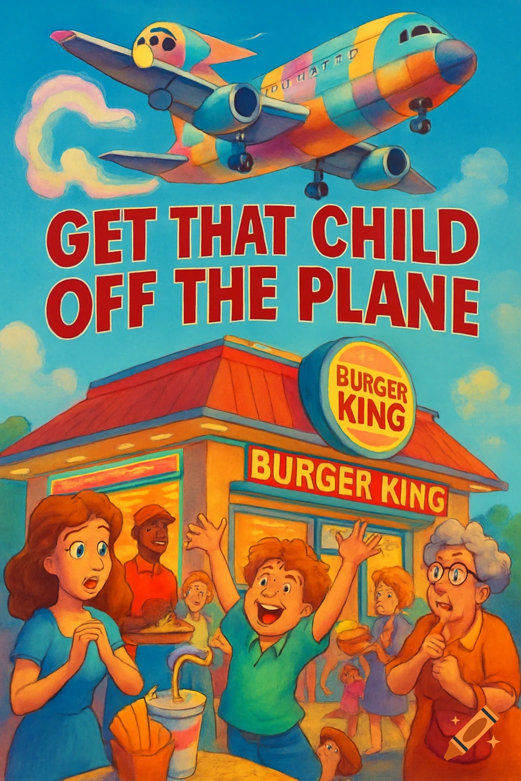 A colorful, stylized illustration resembling a Disney movie cover. A plane flies over a Burger King, while people react to a child excitedly raising their arms. Large red text reads 'GET THAT CHILD OFF THE PLANE'.