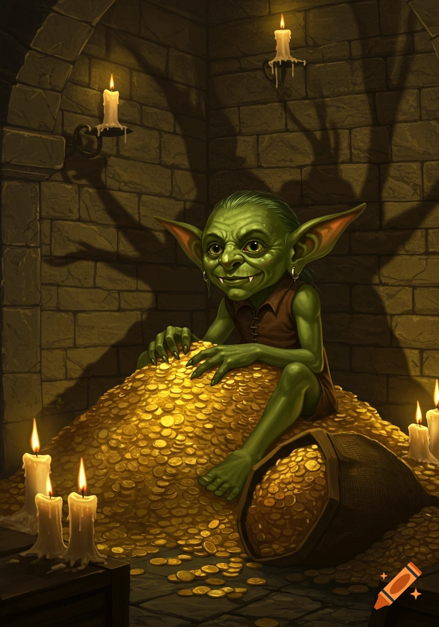 A green-skinned goblin with large ears and sharp teeth sits on a massive pile of gold coins in a candlelit dungeon.