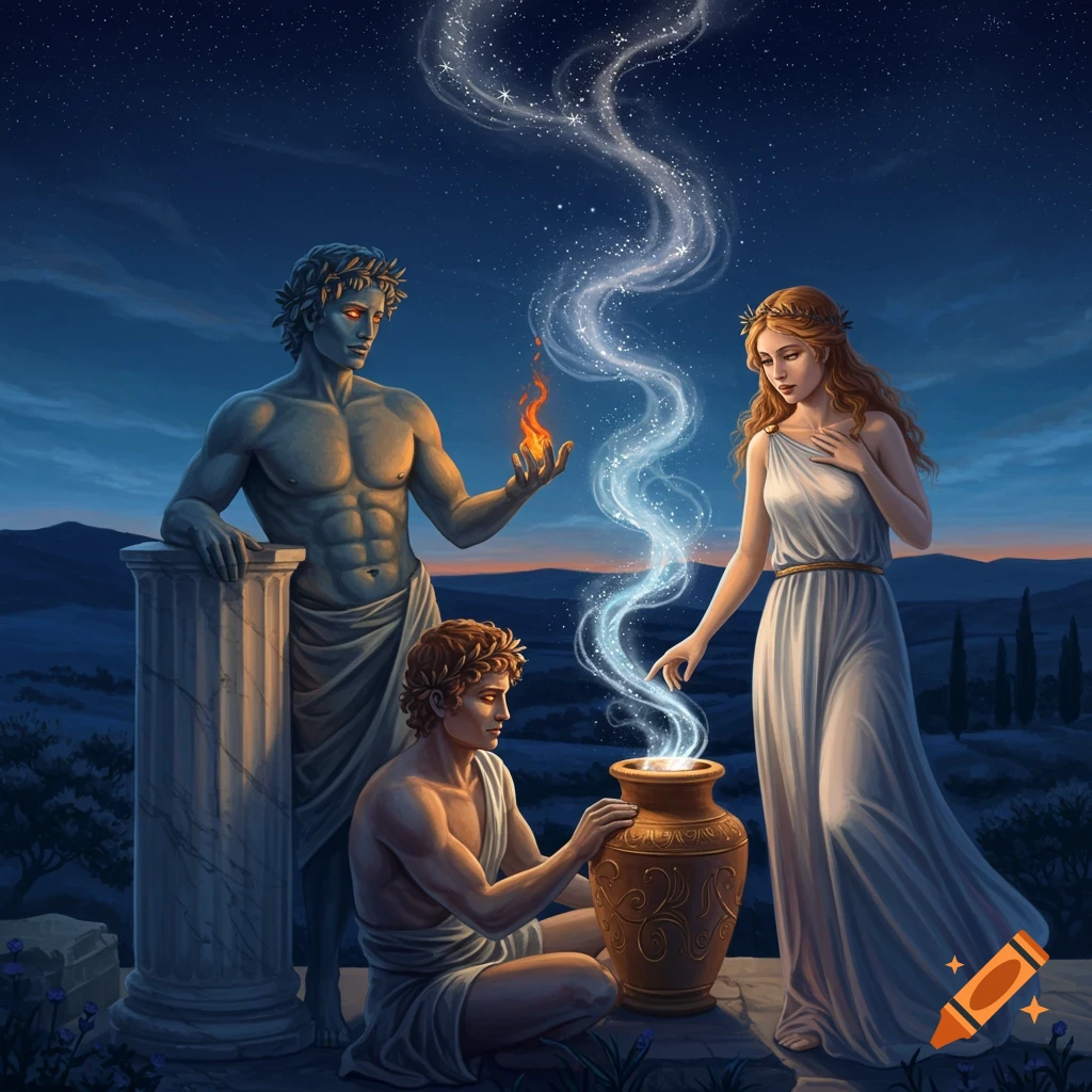 Three figures in classical Greek attire under a starry sky. One man holds a flame, a woman touches glowing energy from a vase held by another man.