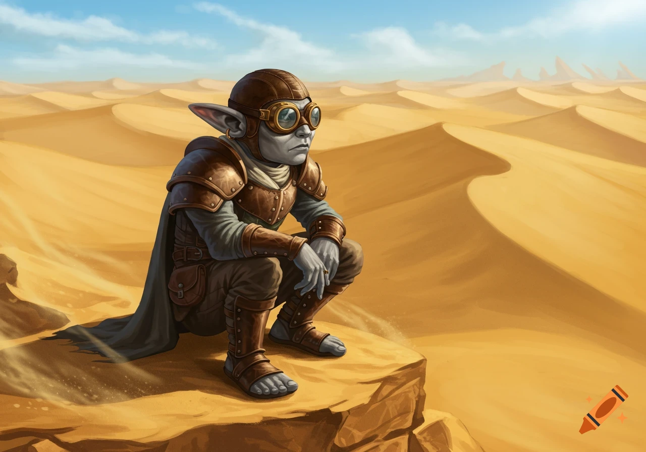 A grey-skinned creature in brown leather armor, helmet, and goggles crouches on a rock, looking across a vast desert of sand dunes under a blue sky, digital painting.