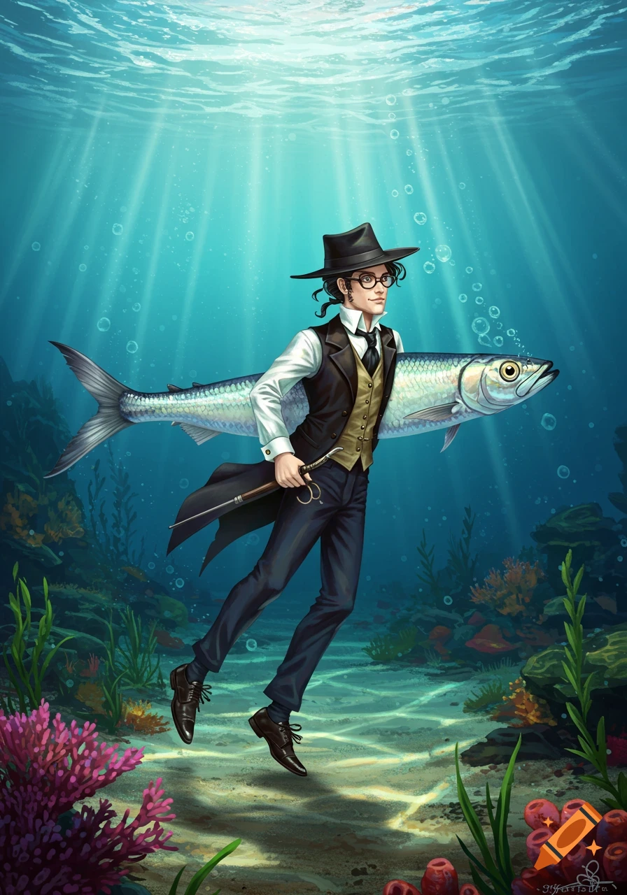 A dapper man in a suit and hat holds a large fish like a spear while swimming underwater among coral and plants in an illustrative style.