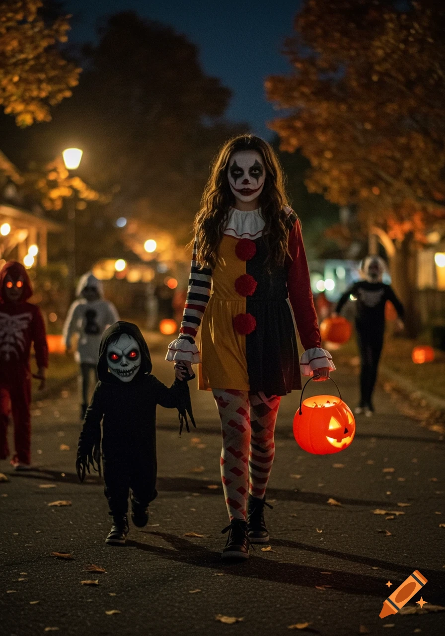 Two children in scary Halloween costumes, a clown and a skeletal figure, trick-or-treating on a suburban street at night.