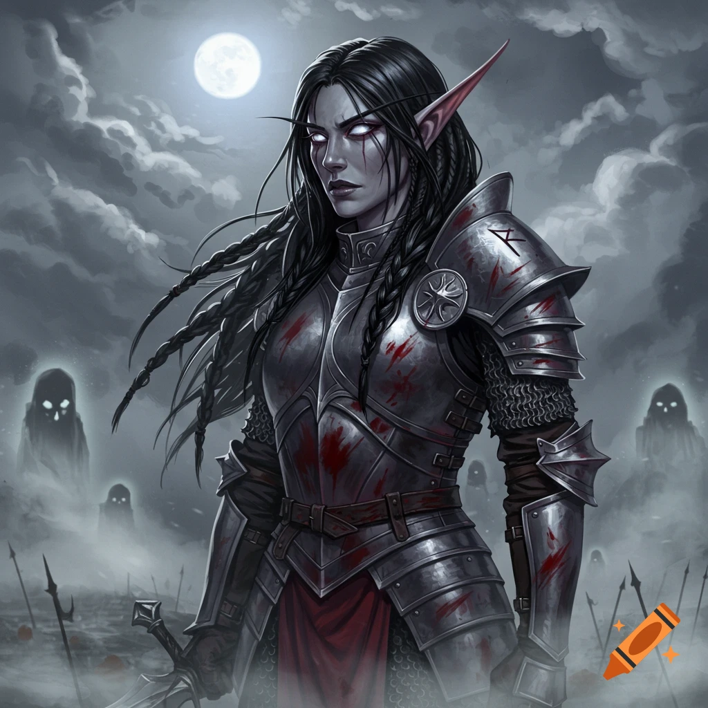 A dark elf paladin with long black braids and glowing white eyes stands in bloody armor on a misty battlefield under a full moon, with ghostly figures in the background.
