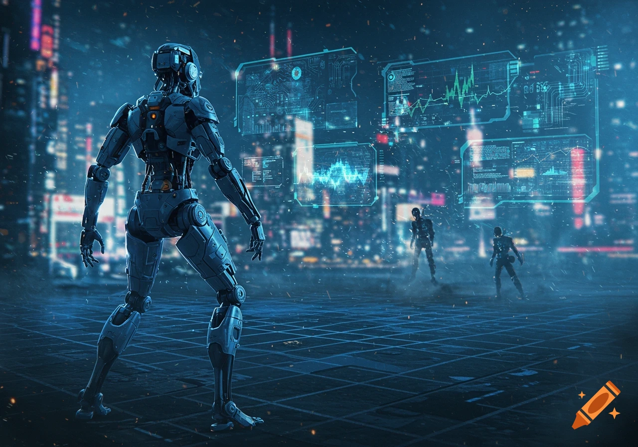 A cybernetic robot stands on a grid-patterned surface, looking at holographic displays and two smaller robots in a futuristic city.
