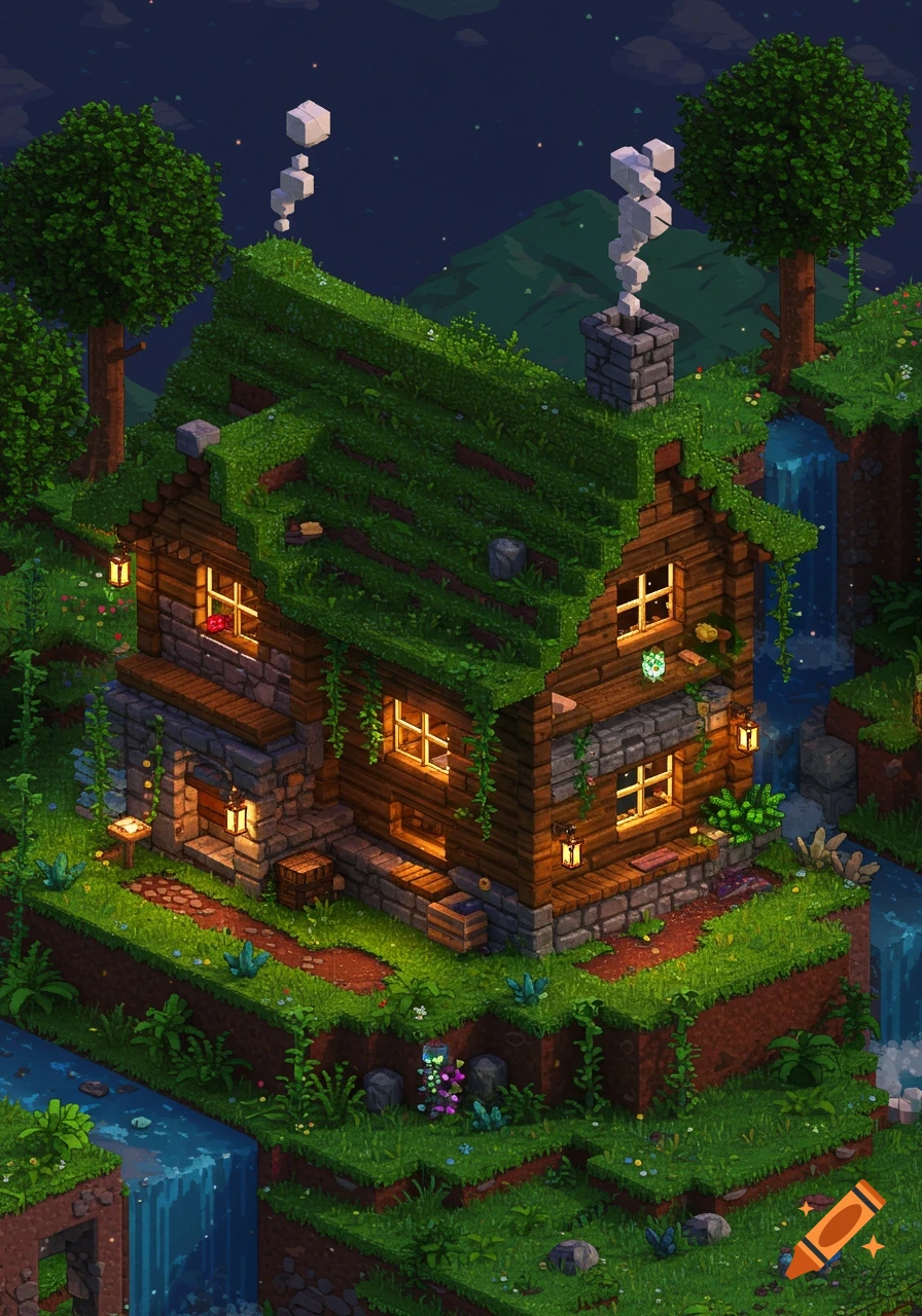 Pixel art house with mossy roof, glowing windows, and waterfalls in a lush, green landscape at night.