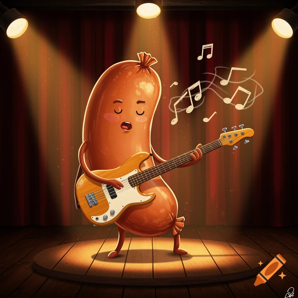 A cheerful cartoon sausage character sings and plays a bass guitar on a spotlighted stage.