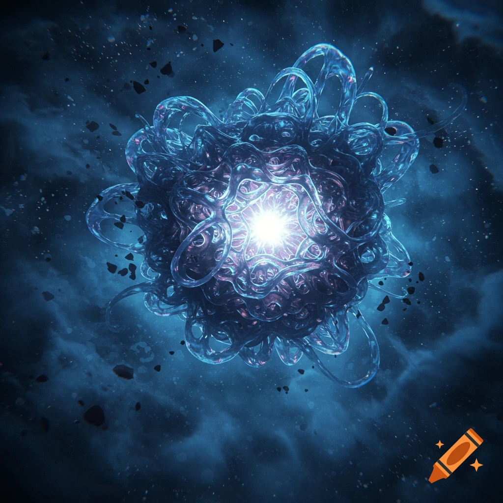 A glowing, intricate blue and purple organic-like mass floats in dark space amidst cosmic dust and nebulae.