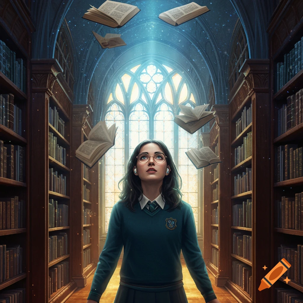 A young woman in a uniform stands in a magical library, looking up at floating books and a glowing window in awe.