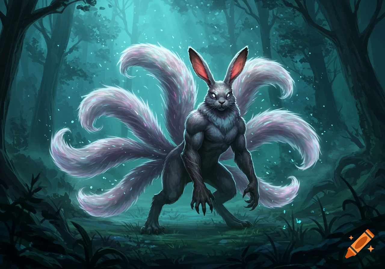 A dark grey wererabbit with glowing eyes and nine fluffy light pink and purple tails stands in a mystical dark forest with blue light.