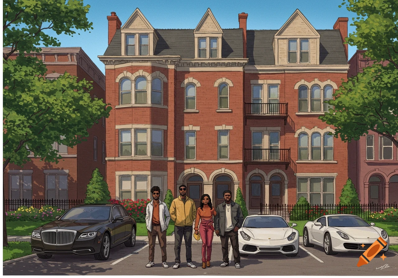 An illustration of four people standing in front of an upscale brick building with two luxury cars parked in front.