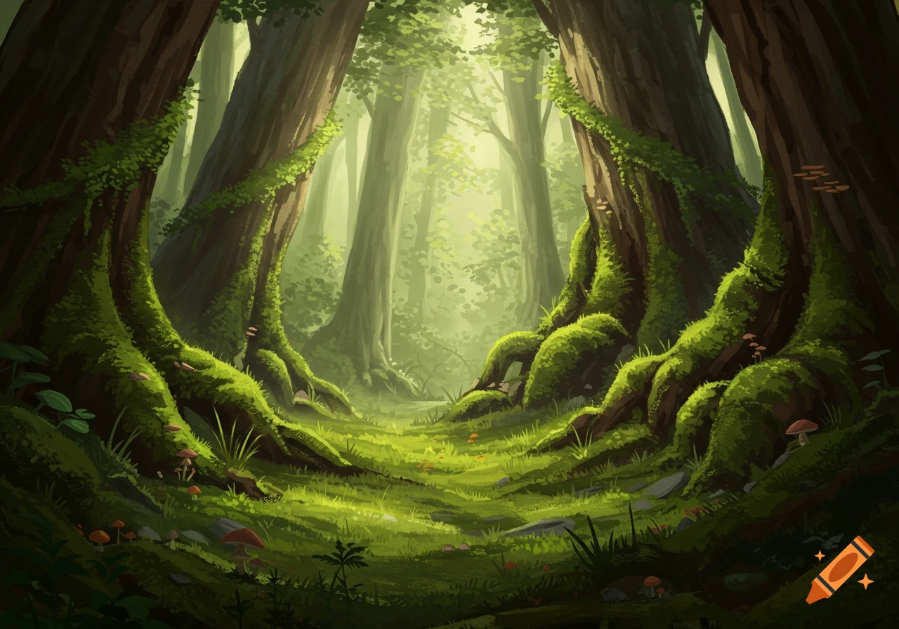 A lush, green forest with ancient, moss-covered trees and sunlit undergrowth in an illustrative style.