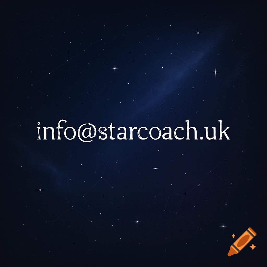 White text 'info@starcoach.uk' on a dark blue background filled with stars and a faint nebula.