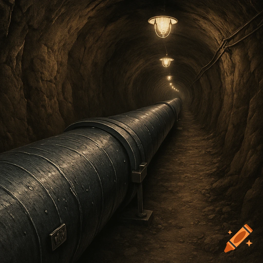 A large dark metal pipe extends through a dimly lit, narrow, rocky tunnel, illuminated by ceiling lamps.