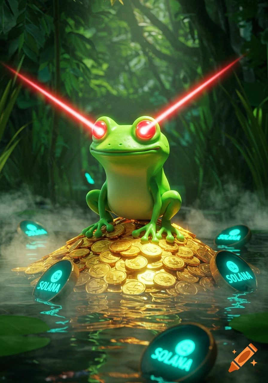 A smug green cartoon frog with red laser eyes sits on a pile of gold coins in a swamp, with glowing Solana logos floating in the water.