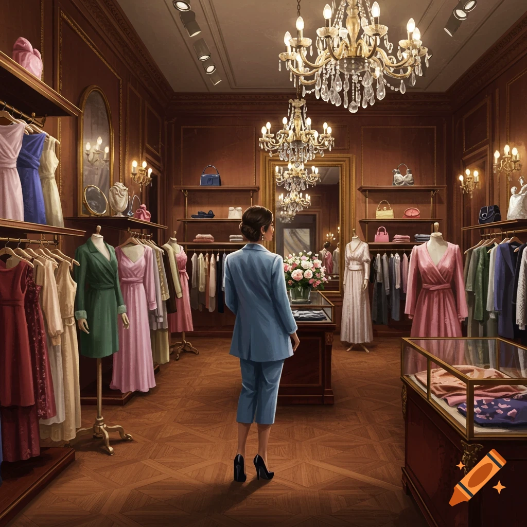 A woman in a blue suit stands in a luxurious clothing boutique filled with racks of dresses and ornate chandeliers.