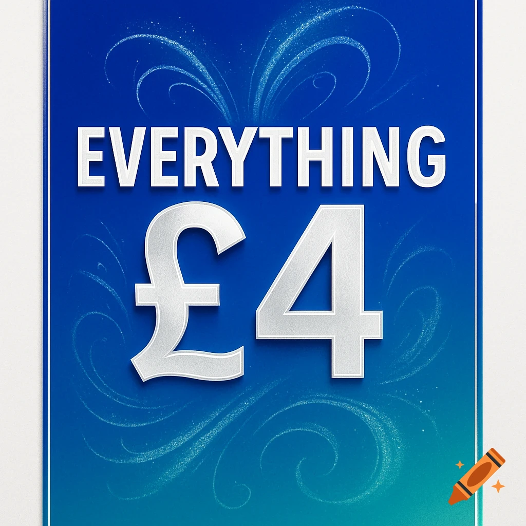 A blue and green gradient poster with glitter swirls, featuring the text 'EVERYTHING' in white and a large silver '£4'.