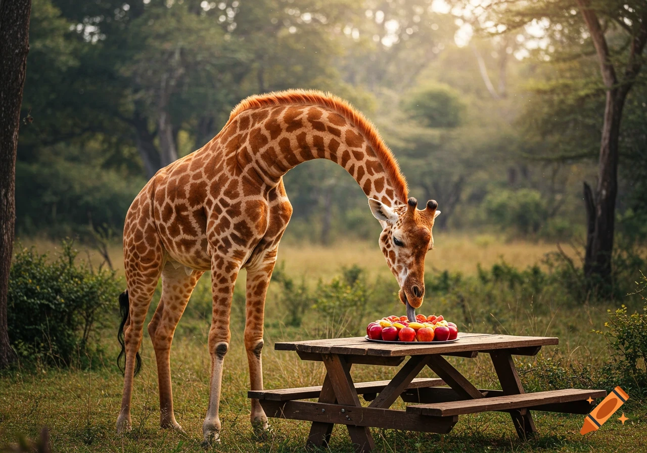 A majestic giraffe bends its long neck to eat a colorful pile of fruit from a wooden picnic table in a lush, sunlit natural setting.