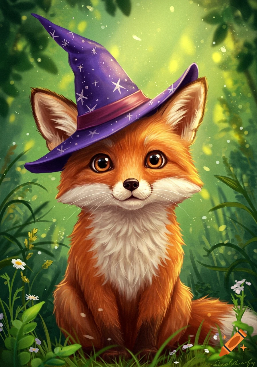 A cute fox wearing a purple wizard hat sits in a lush green forest, rendered as a digital illustration.