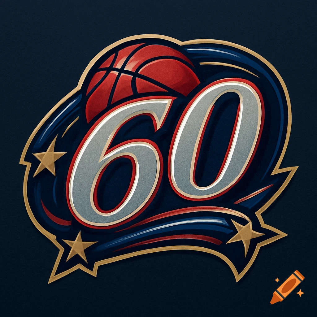 Stylized sports logo featuring the number 60, a red basketball, and gold stars on a blue and red emblem.