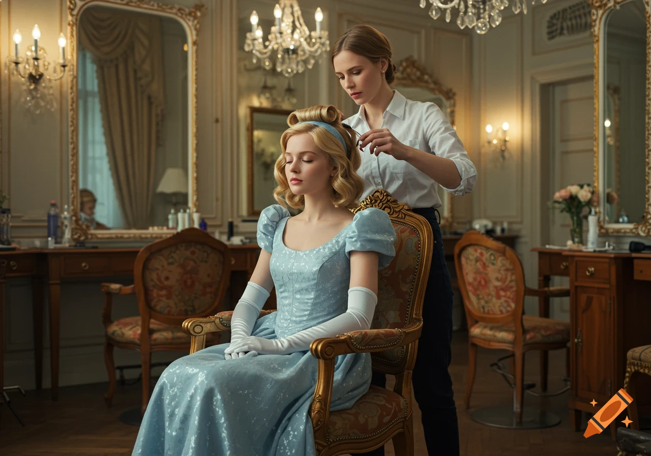 A photorealistic image of a woman dressed as Cinderella having her hair styled in an opulent salon.