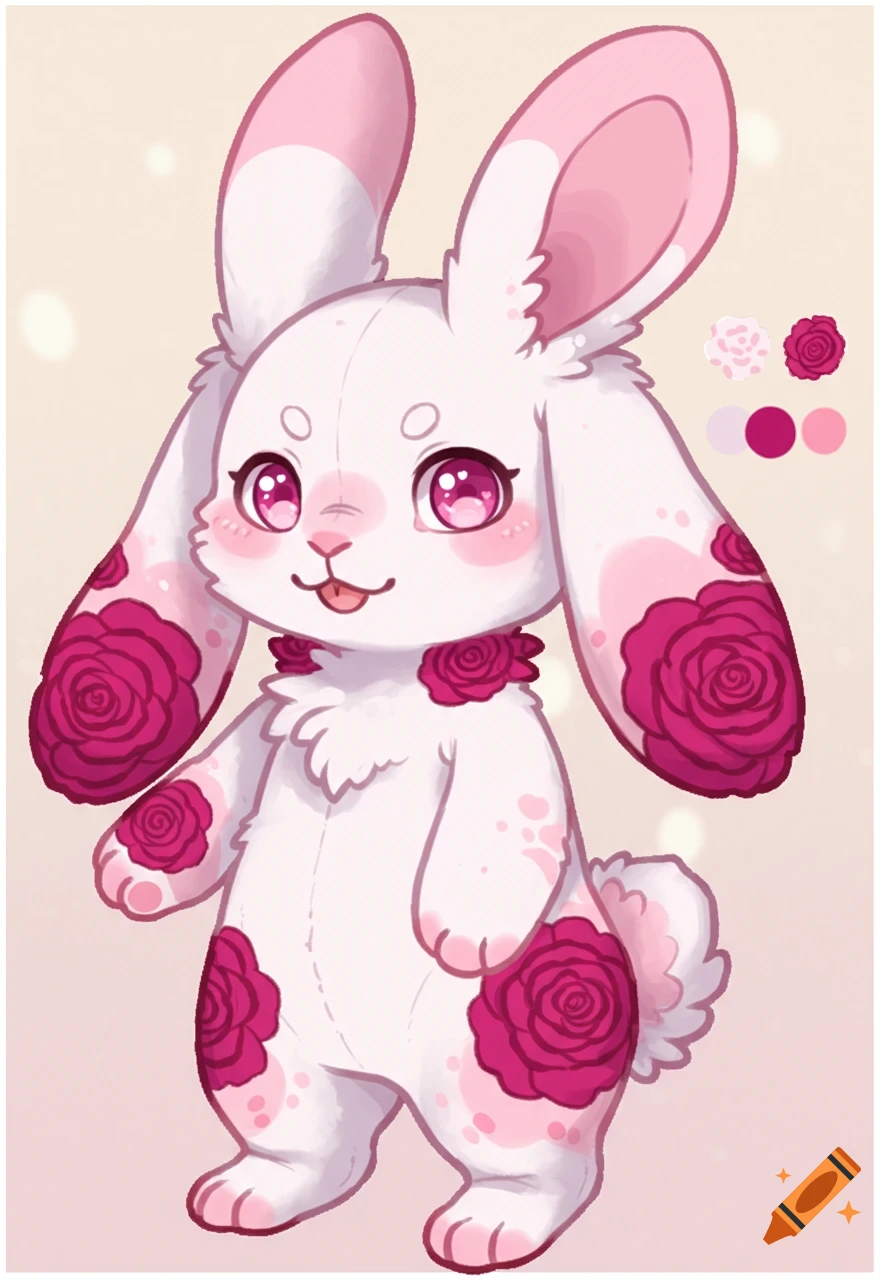 A cute white anthropomorphic bunny character with pink details and rose patterns, standing on a light background. Includes color swatches.