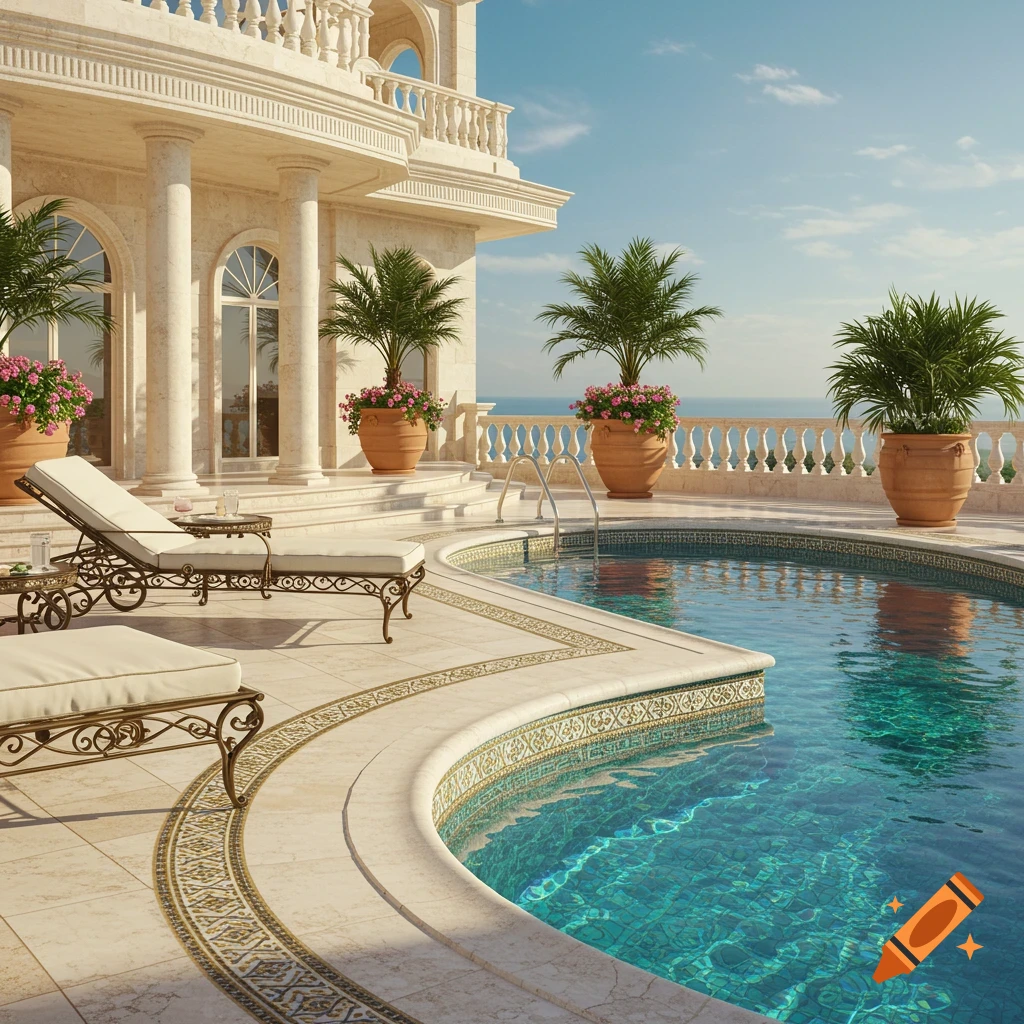 A luxurious mansion with a pool, lounge chairs, and palm trees, overlooking the ocean under a clear sky.