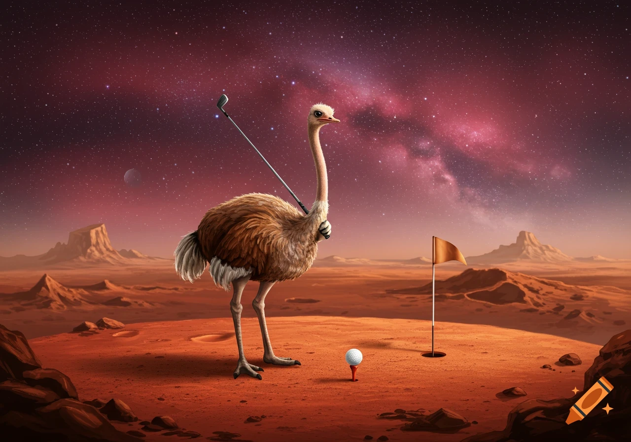 An ostrich on Mars holds a golf club, standing next to a golf ball and flag under a red starry sky.