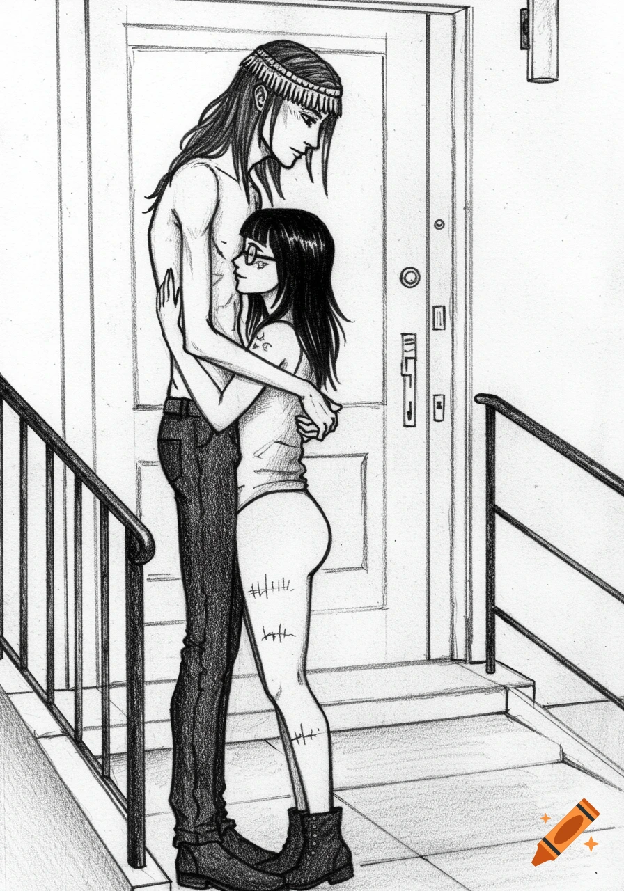 Pencil drawing of a tall man embracing a shorter woman by a doorway. The woman wears glasses and has tally marks on her leg.