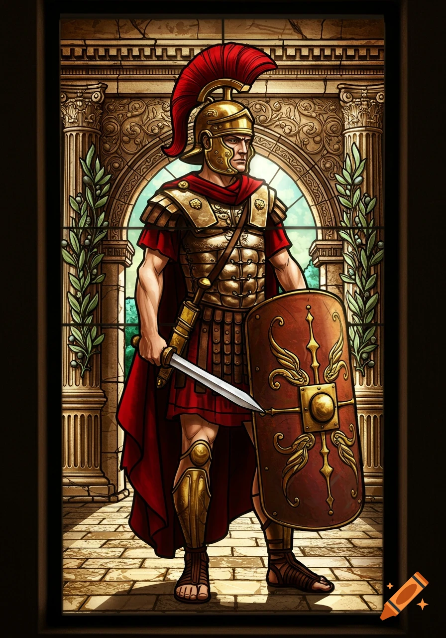 A Roman soldier in full armor holding a sword and shield, depicted in a stained glass style.