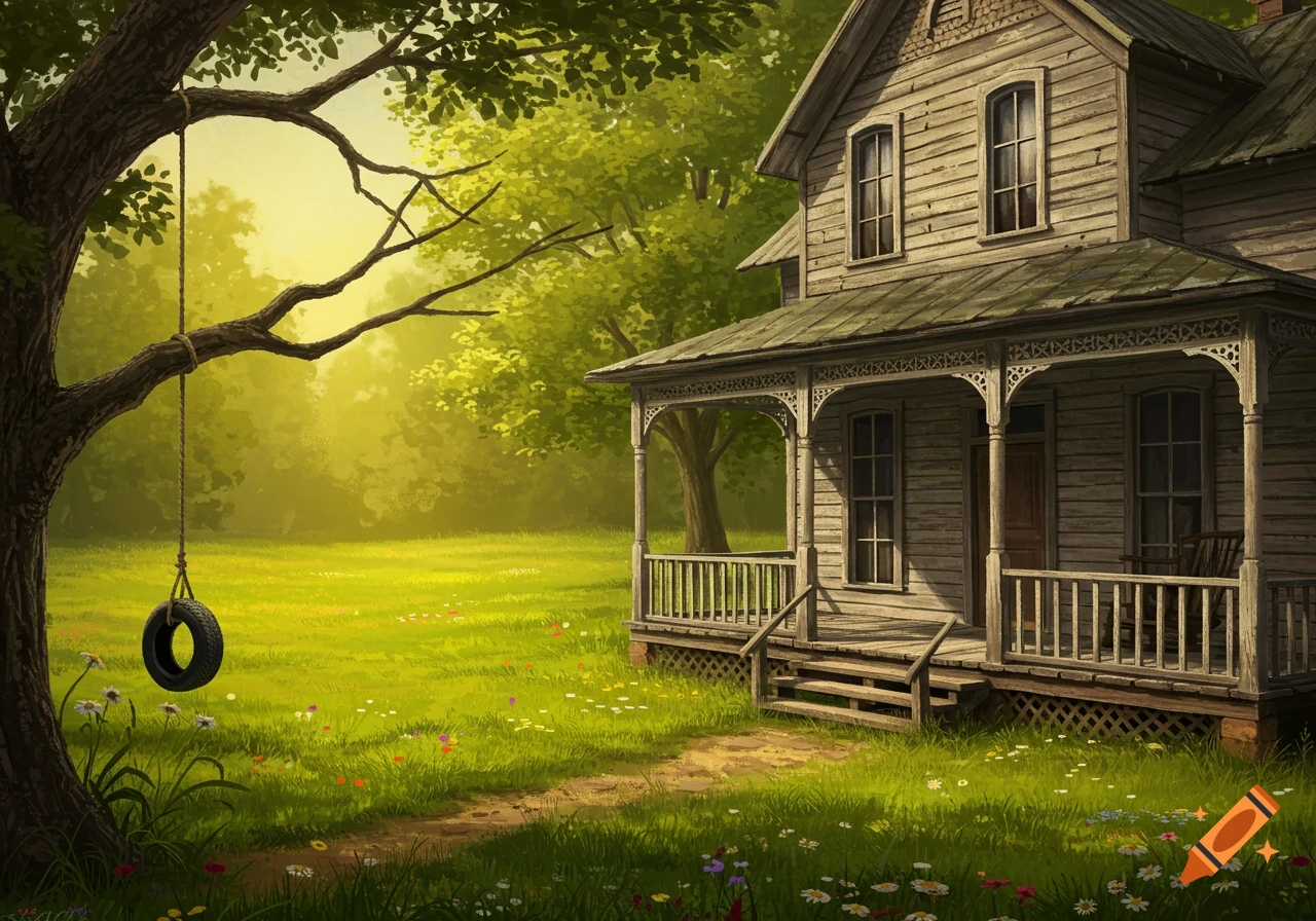 An old wooden farmhouse with a wraparound porch and a tire swing hanging from a large tree in a grassy yard with wildflowers.