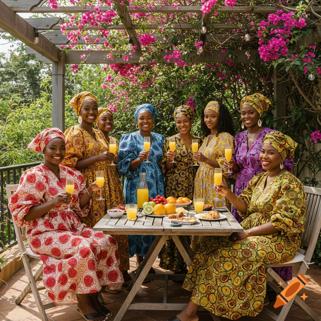 A group of women in colorful patterned moomoos and head wraps smiling and drinking mimosas at an outdoor table.