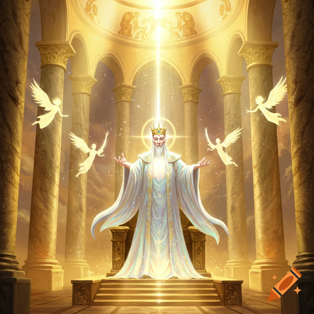 A majestic, crowned figure in luminous robes on a golden throne in a grand hall, bathed in light with floating angels.