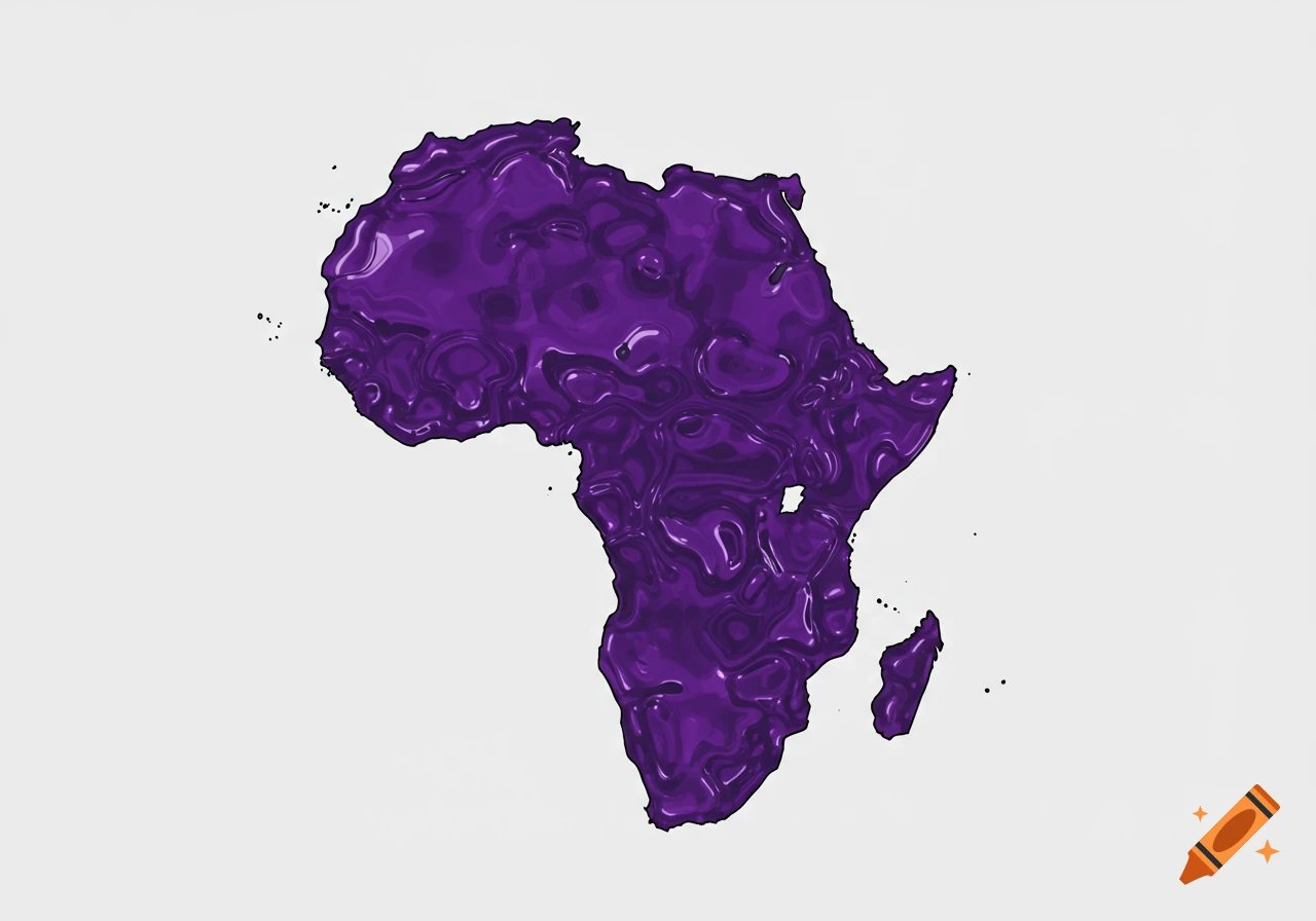 Map of Africa filled with glossy, textured purple liquid on a light background.