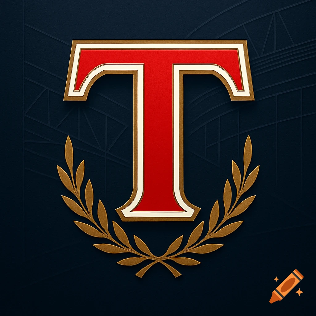 A stylized red letter T with gold and white outlines, above a golden laurel wreath, on a dark blue patterned background.