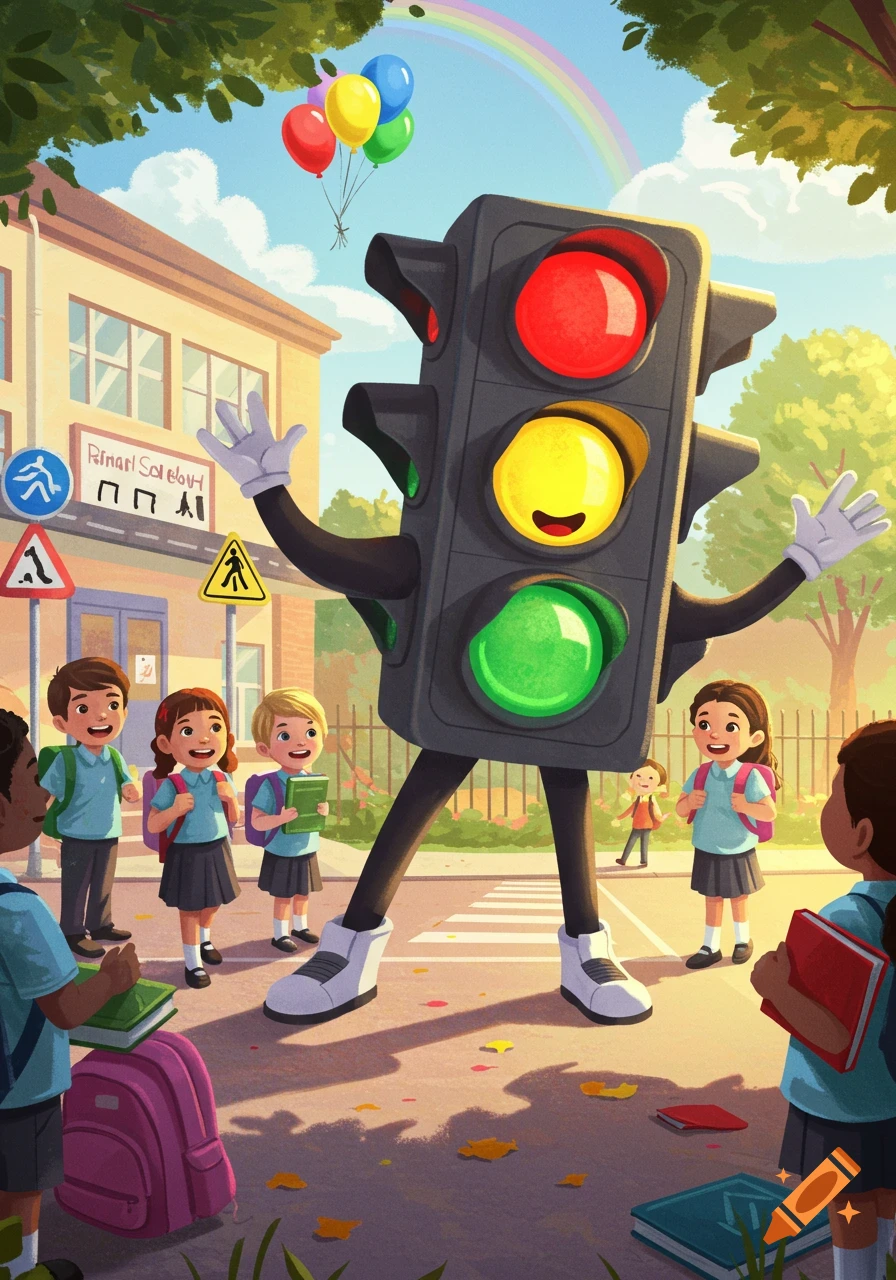 A friendly traffic light mascot waves to smiling school children on a sunny street in front of a primary school with a rainbow in a vibrant cartoon style.