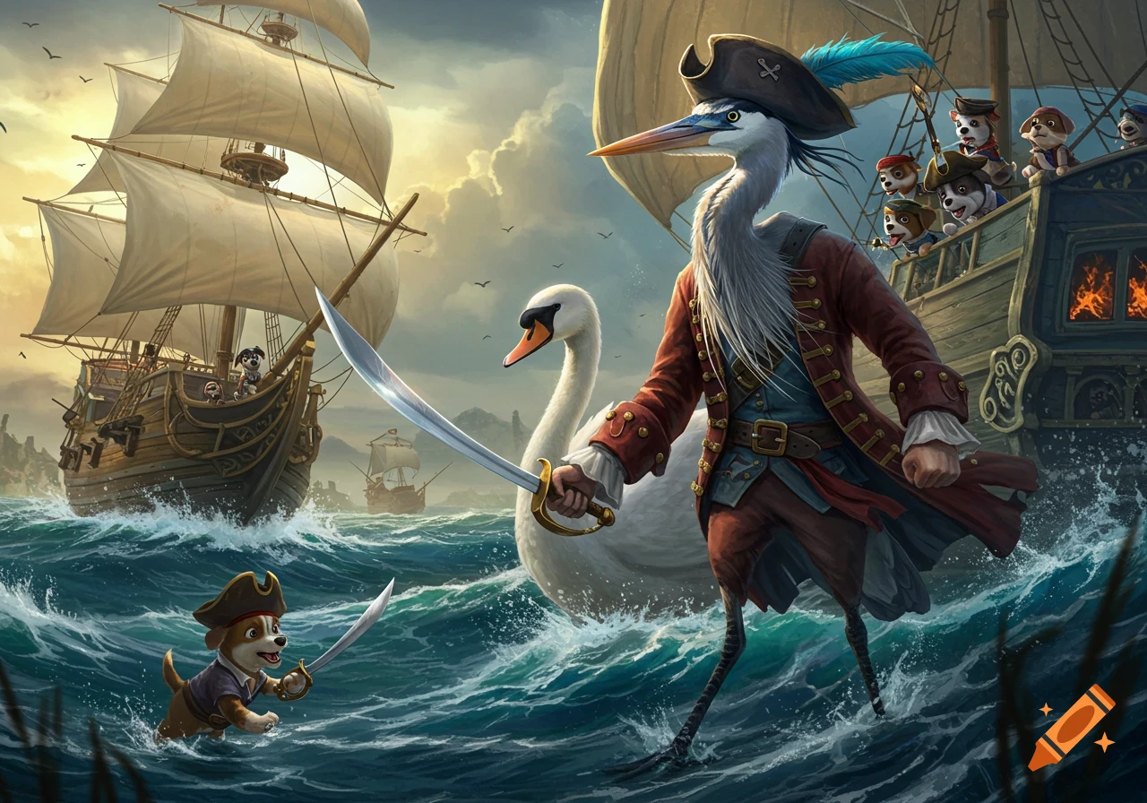 A great blue heron pirate with a sword stands on stormy seas alongside a swan, battling a ship crewed by cartoon puppies under a dramatic sky.