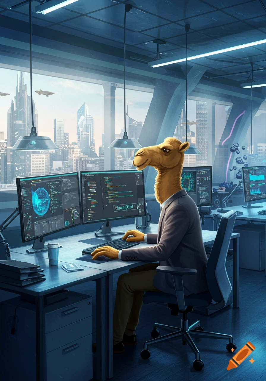 An anthropomorphic camel in a suit works at a multi-monitor computer setup in a futuristic office overlooking a cityscape.