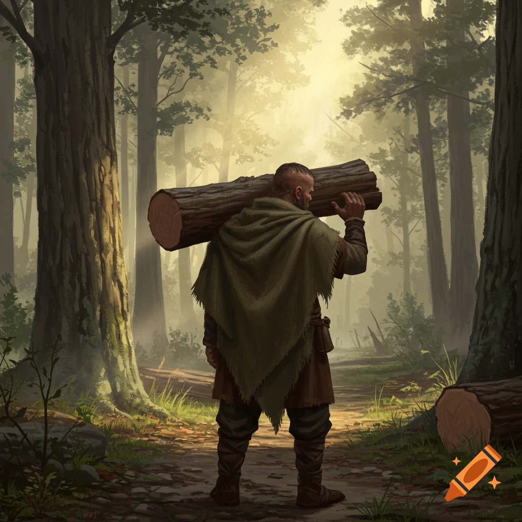 A man in ancient garbs carries a large log on his back down a forest path, with sunlight filtering through the trees.